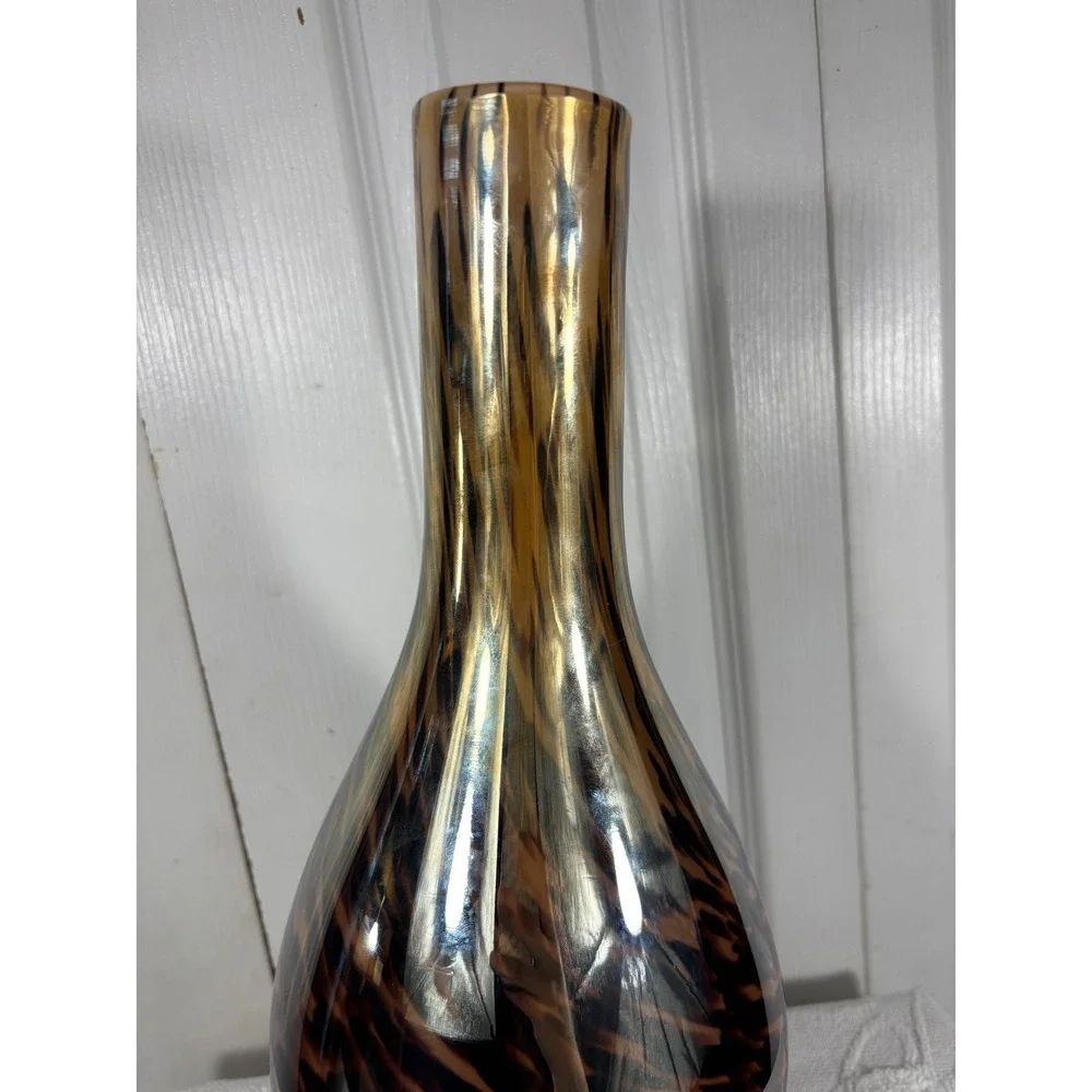 Brown Gold Art Glass‎ Vase Tiger Stripe Pattern Accent Piece Large